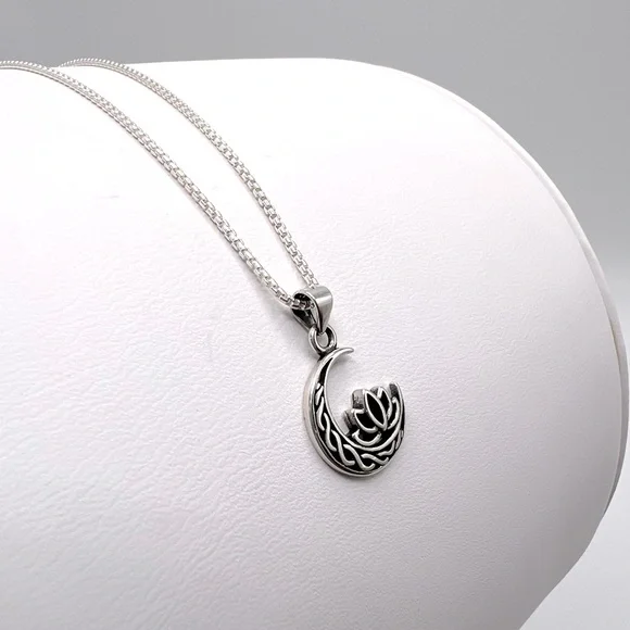.925 Sterling Silver Moon and Lotus Flower Necklace - Picture 7 of 16